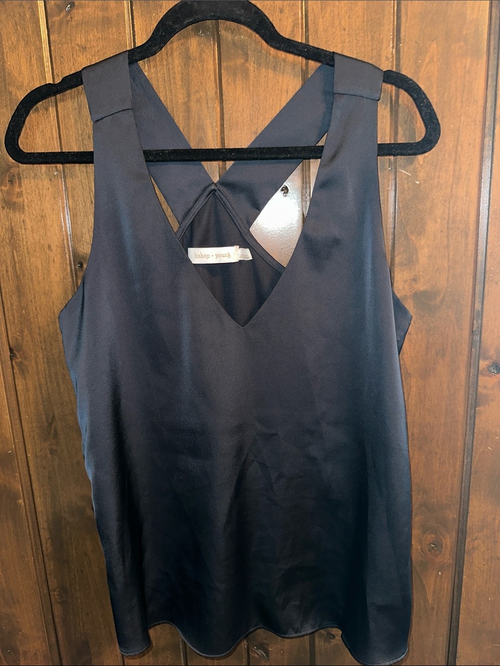 bishop + young Black Satin V-Neck Tank with Crisscross Back Straps